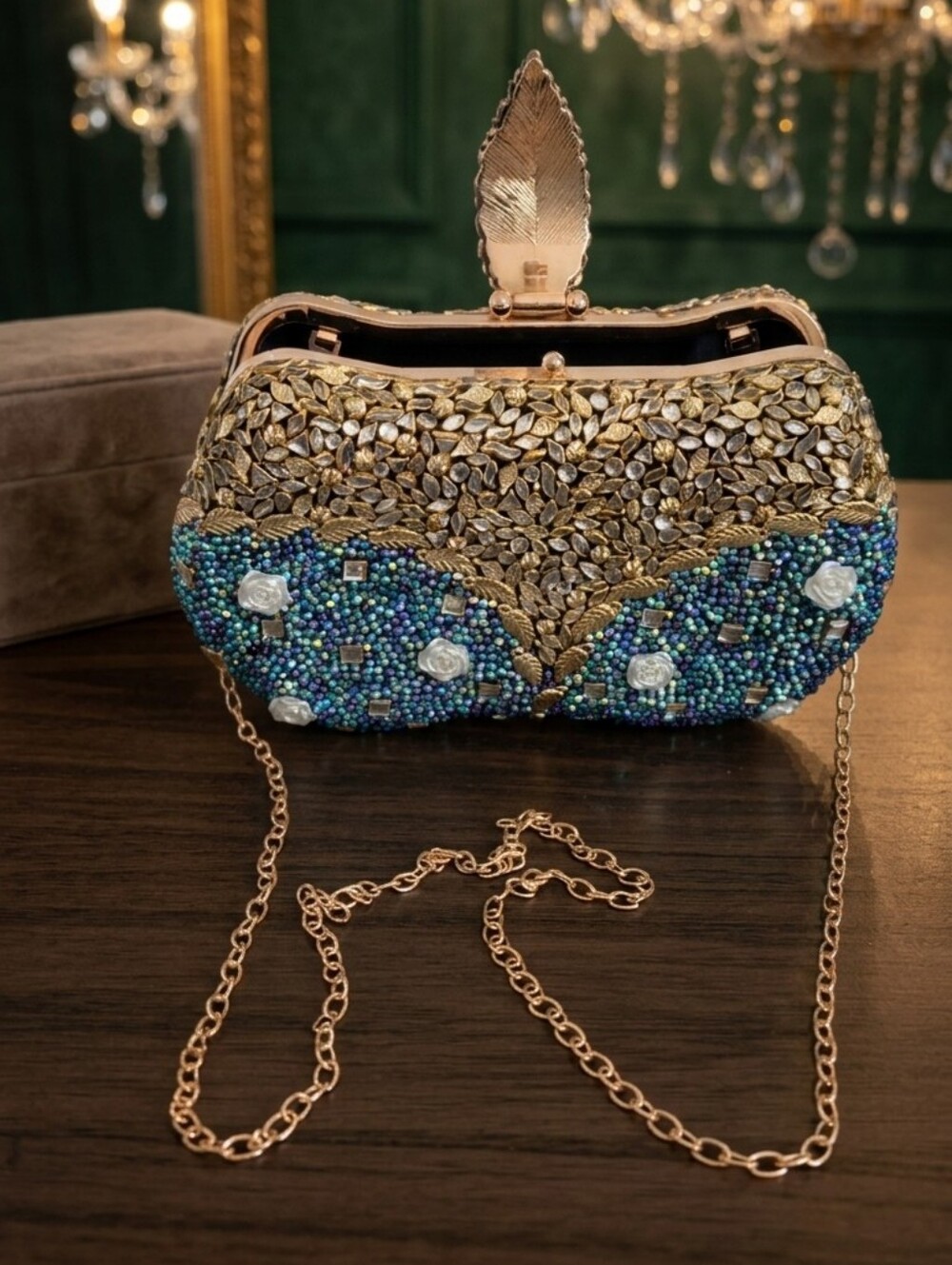 Luxury Beaded Crystal Clutch Bag | Gold Leaf & Teal Iridescent Evening Purse